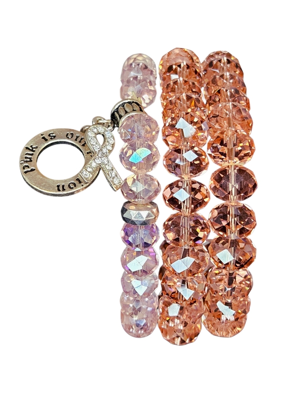 3 Pink Bracelets Crystal Ribbon Awareness Bridal NEW Vintage Breast Cancer